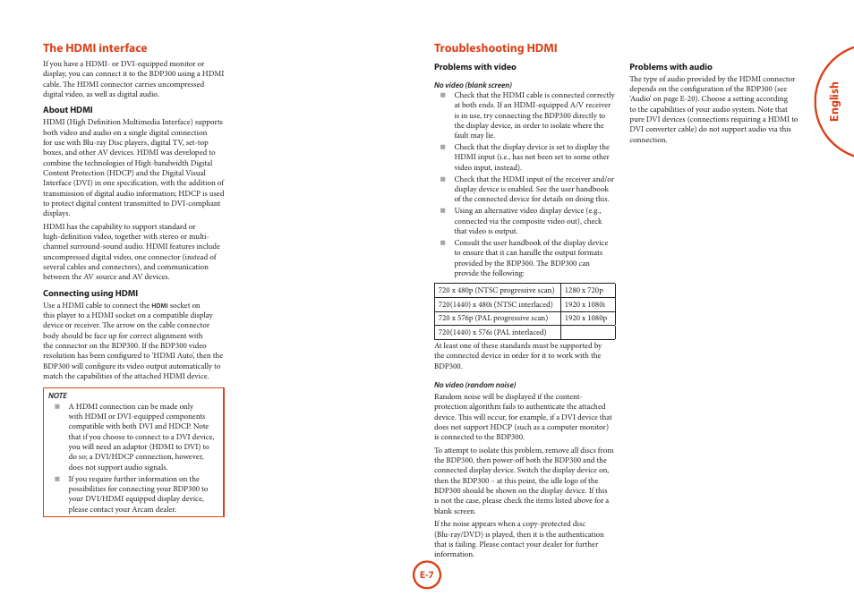 English the hdmi interface, Troubleshooting hdmi | Arcam Blu-Ray Disc Player BDP300 User Manual | Page 7 / 41