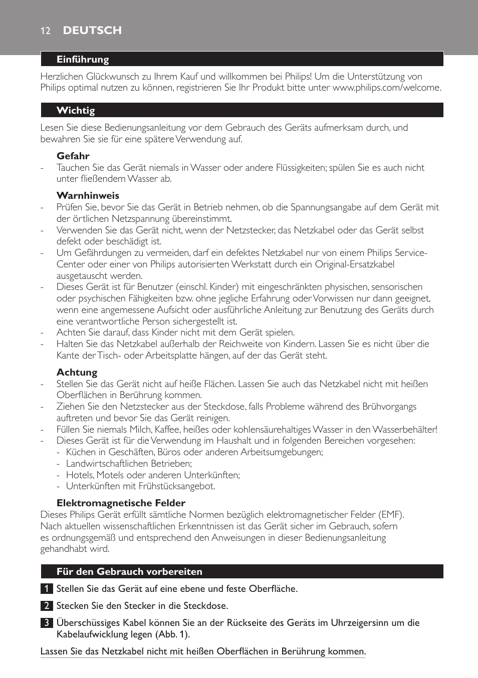 Deutsch, Deutsch 12 | Philips Daily Collection Cafetière une tasse User Manual | Page 12 / 42