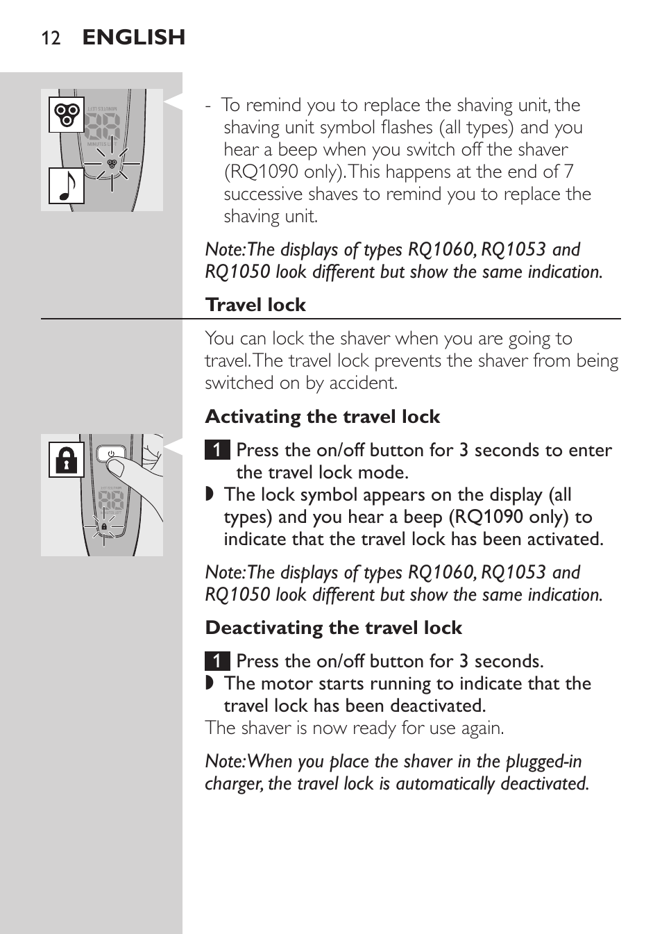 Travel lock, Activating the travel lock, Deactivating the travel lock | Philips Rasoir électrique User Manual | Page 10 / 140