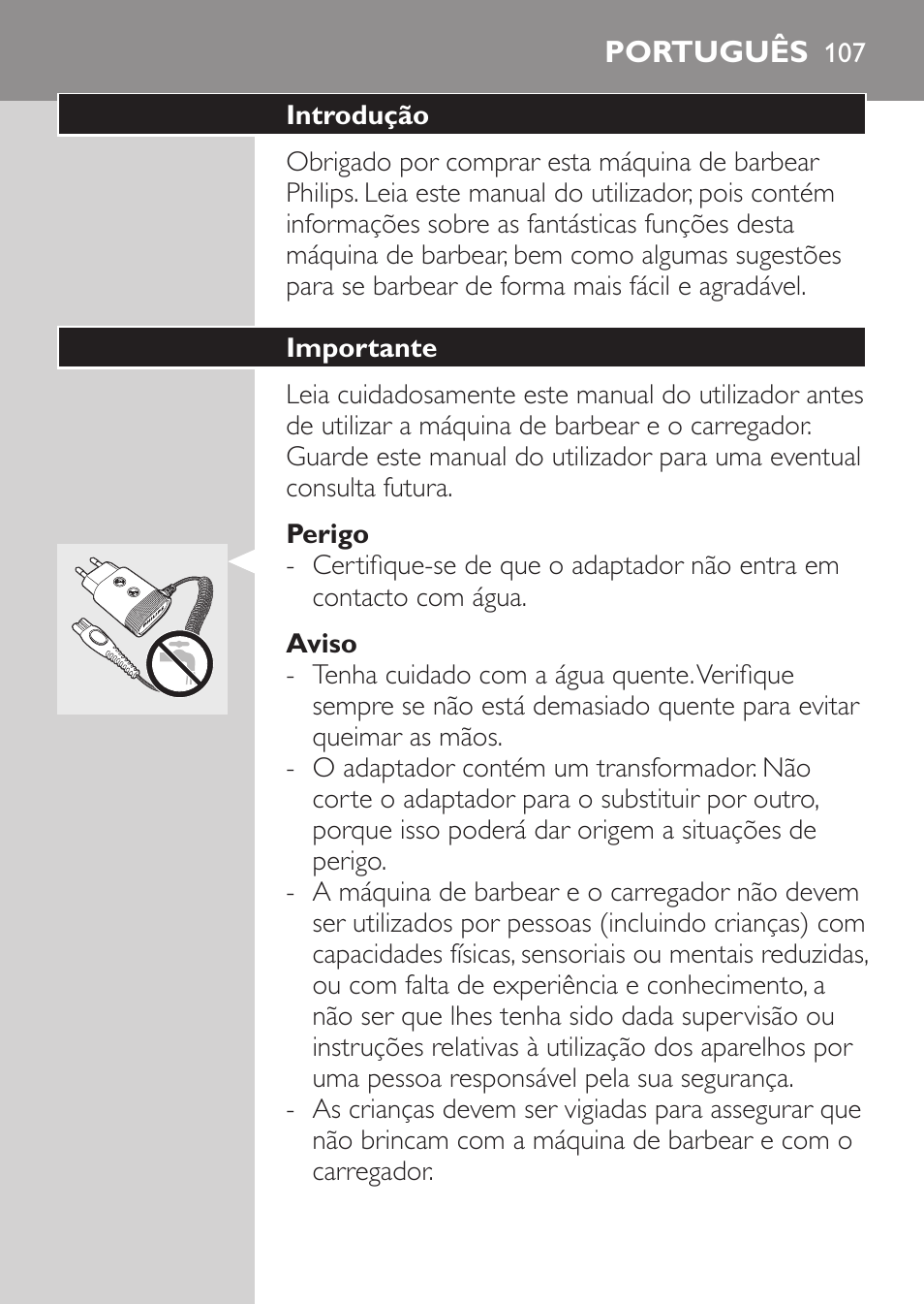 Perigo, Aviso, Português | Introdução, Importante | Philips Rasoir électrique User Manual | Page 105 / 140