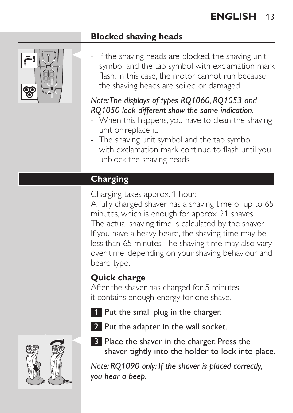 Blocked shaving heads, Quick charge, Charging | Philips Rasoir électrique User Manual | Page 11 / 140