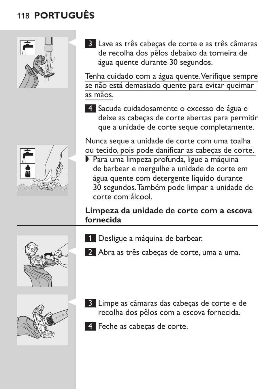 Limpeza da unidade de corte com a escova fornecida | Philips Rasoir électrique User Manual | Page 116 / 140