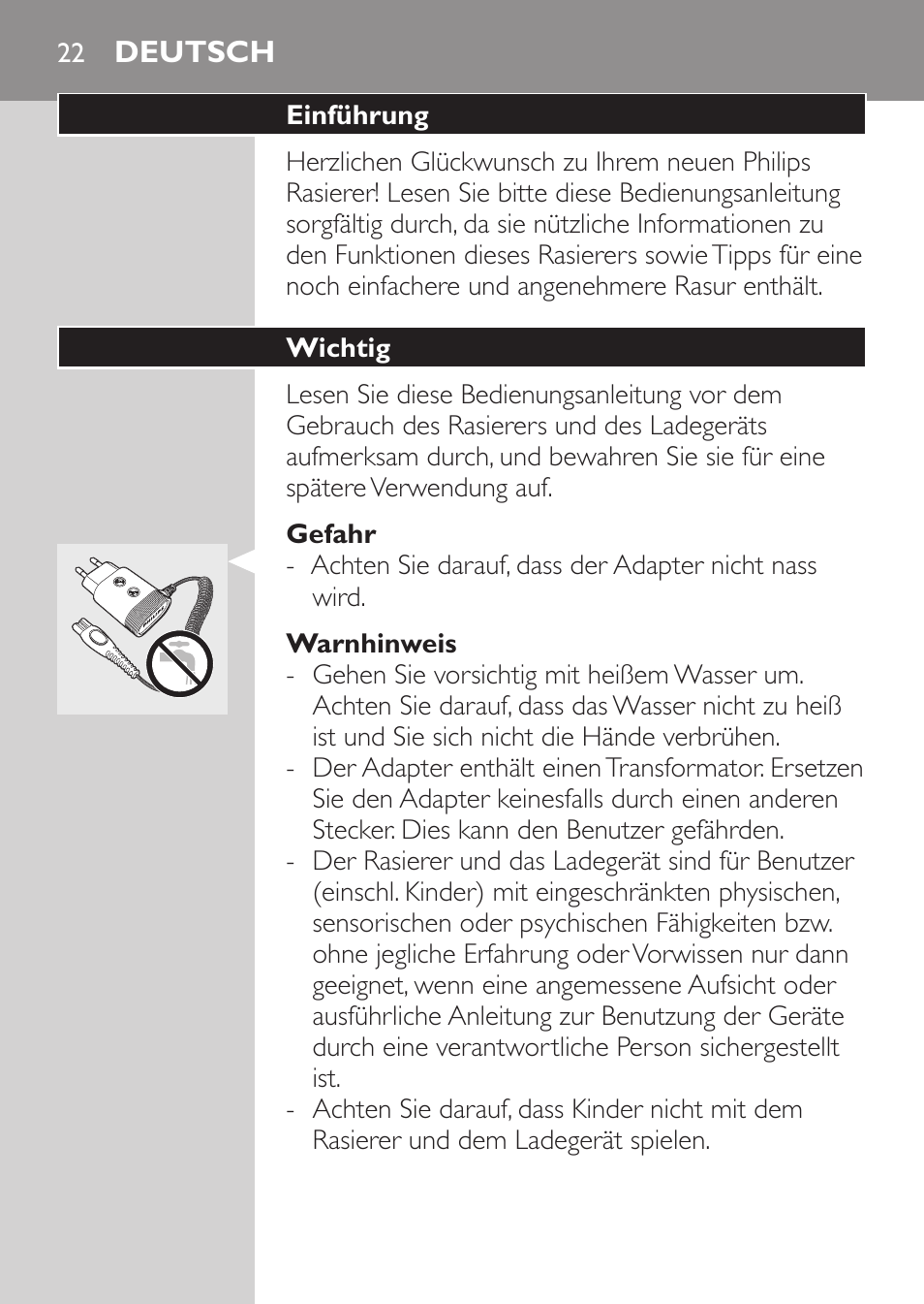 Gefahr, Warnhinweis, Deutsch | Einführung, Wichtig | Philips Rasoir électrique User Manual | Page 20 / 140