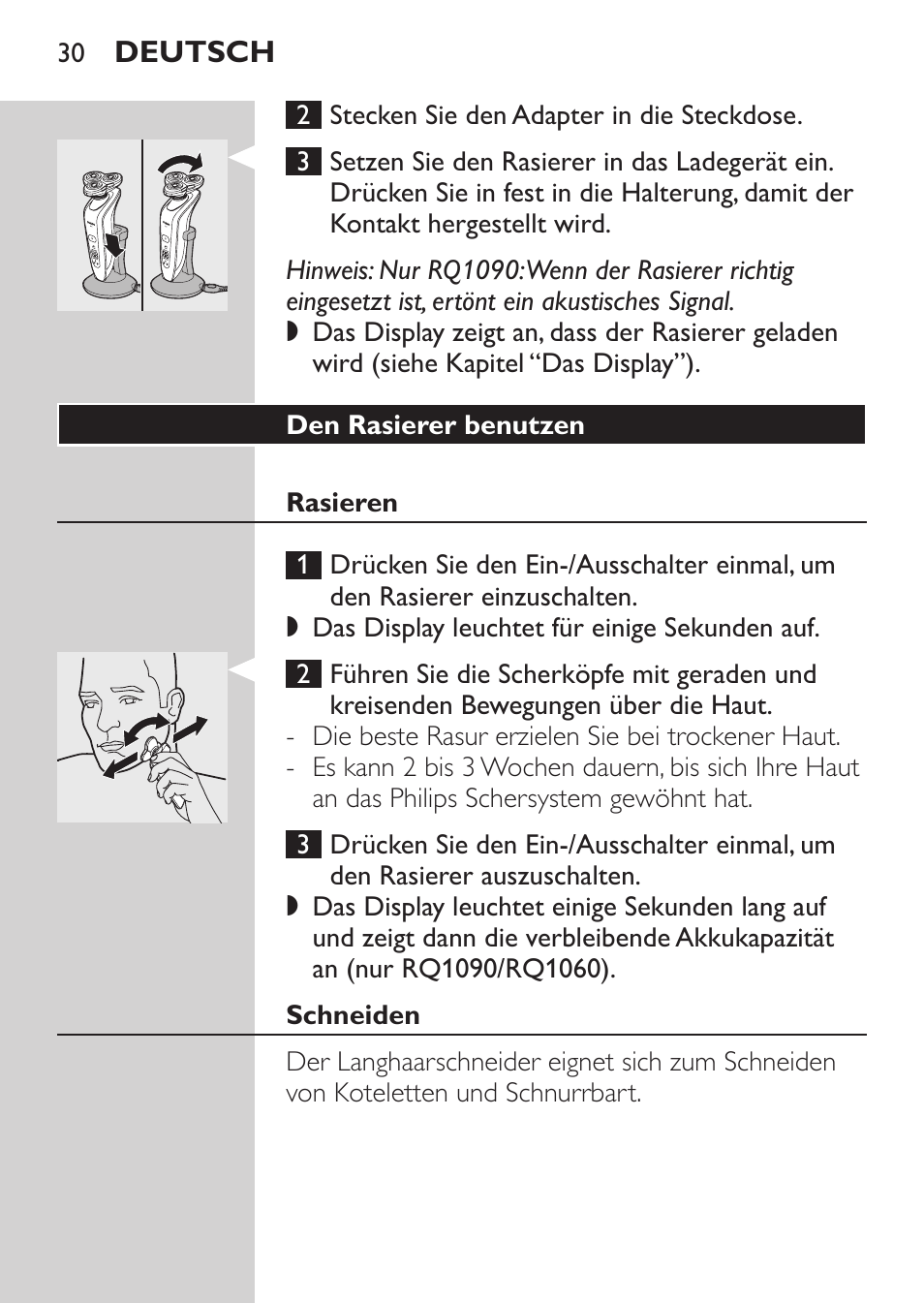 Den rasierer benutzen, Rasieren, Schneiden | Philips Rasoir électrique User Manual | Page 28 / 140