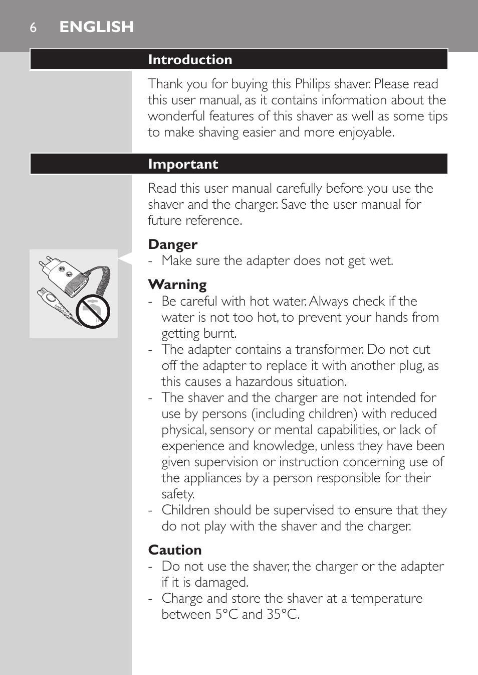 English, Introduction, Important | Danger, Warning, Caution | Philips Rasoir électrique User Manual | Page 4 / 140