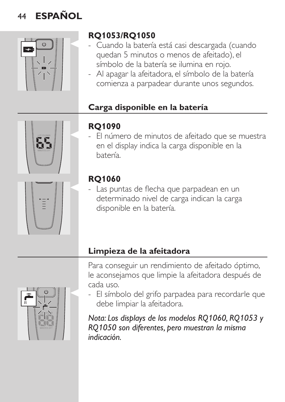 Rq1053/rq1050, Carga disponible en la batería, Rq1090 | Rq1060, Limpieza de la afeitadora | Philips Rasoir électrique User Manual | Page 42 / 140