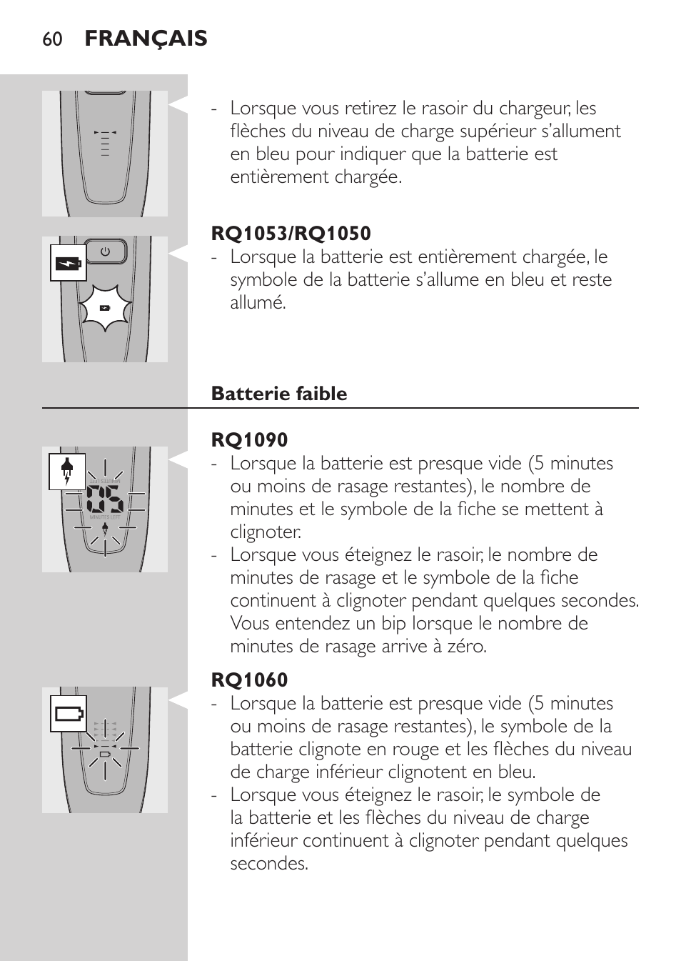 Rq1053/rq1050, Batterie faible, Rq1090 | Rq1060 | Philips Rasoir électrique User Manual | Page 58 / 140