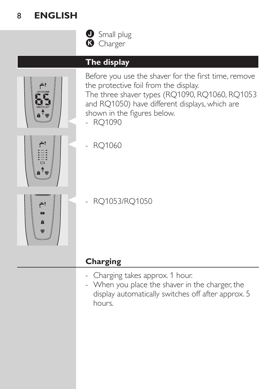 The display, Charging, Rq1090 | Philips Rasoir électrique User Manual | Page 6 / 140