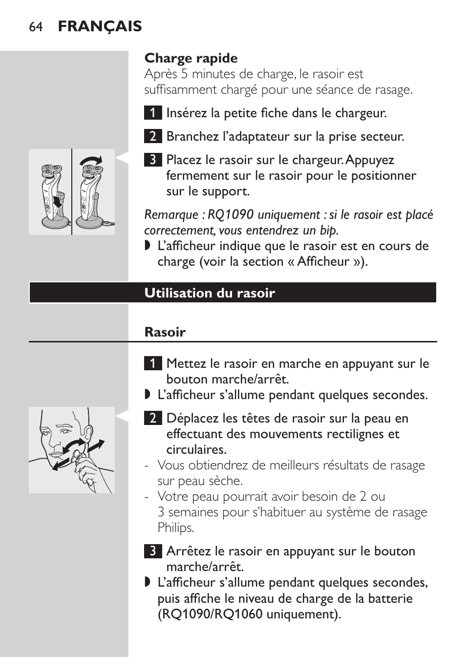Charge rapide, Utilisation du rasoir, Rasoir | Philips Rasoir électrique User Manual | Page 62 / 140