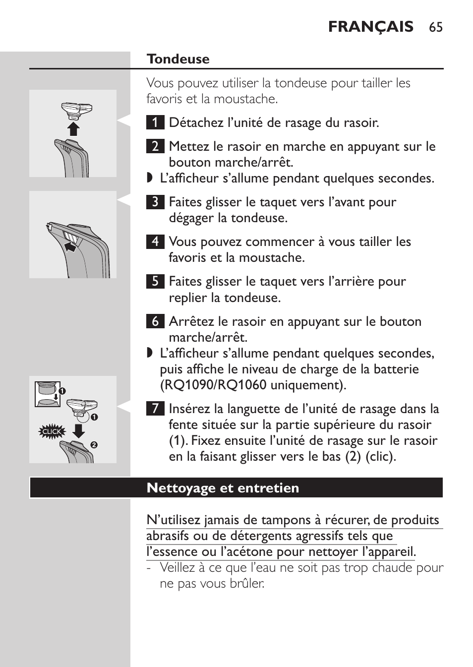 Tondeuse, Nettoyage et entretien | Philips Rasoir électrique User Manual | Page 63 / 140