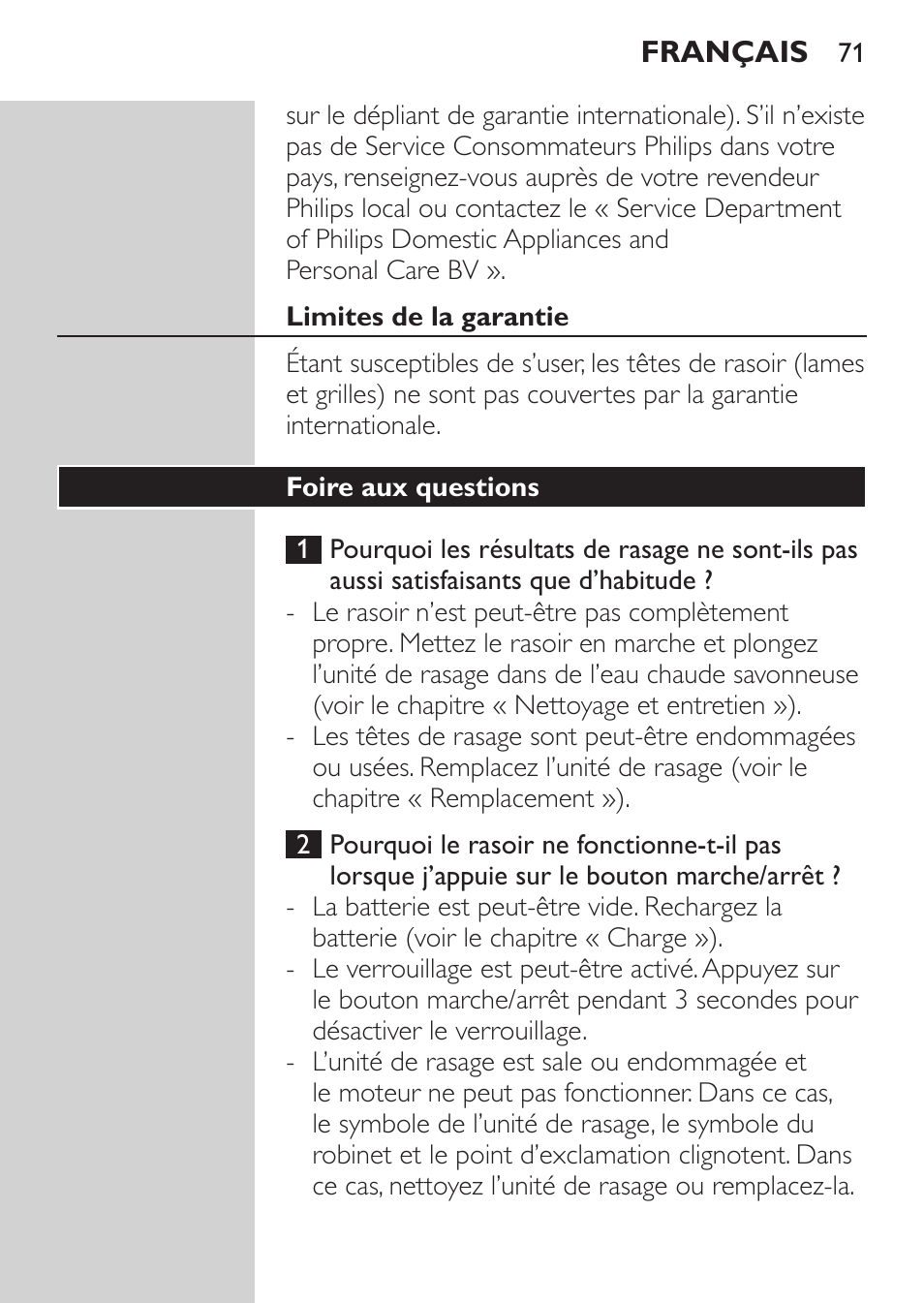 Limites de la garantie, Foire aux questions | Philips Rasoir électrique User Manual | Page 69 / 140
