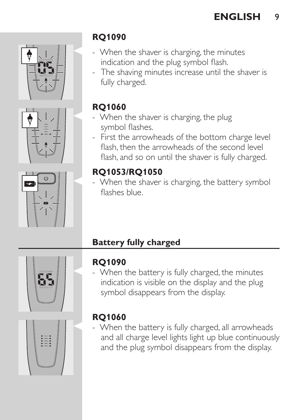 Rq1060, Rq1053/rq1050, Battery fully charged | Rq1090 | Philips Rasoir électrique User Manual | Page 7 / 140