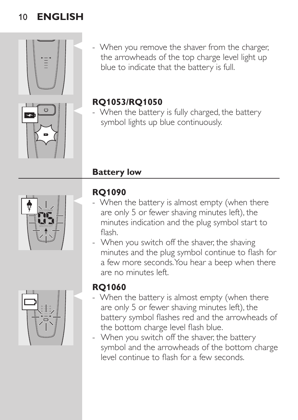 Rq1053/rq1050, Battery low, Rq1090 | Rq1060 | Philips Rasoir électrique User Manual | Page 8 / 140