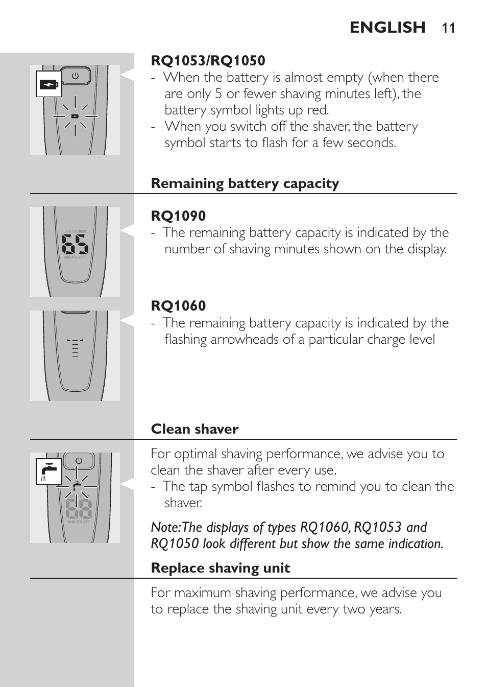 Rq1053/rq1050, Remaining battery capacity, Rq1090 | Rq1060, Clean shaver, Replace shaving unit | Philips Rasoir électrique User Manual | Page 9 / 140