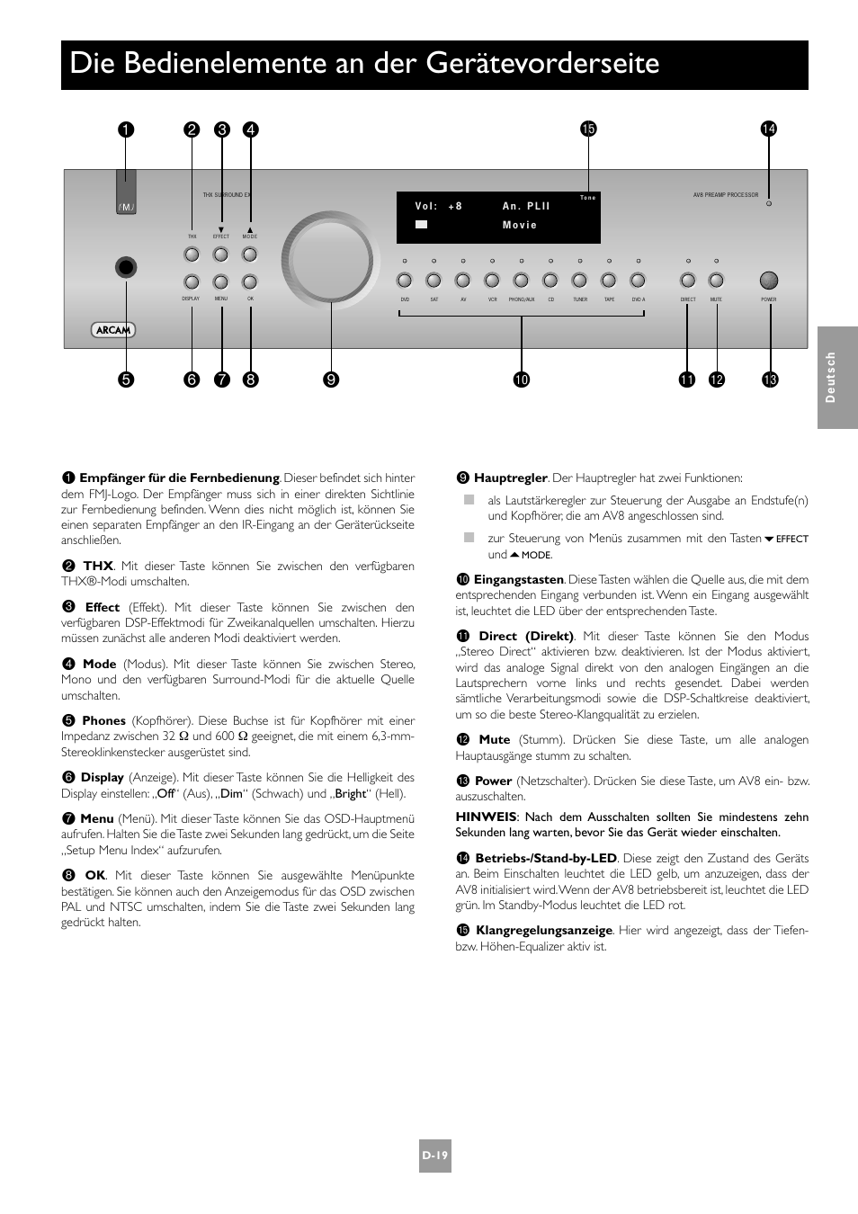 Die bedienelemente an der gerätevorderseite, D-19, 43 2 bk bl bm | Arcam AV8 User Manual | Page 103 / 176