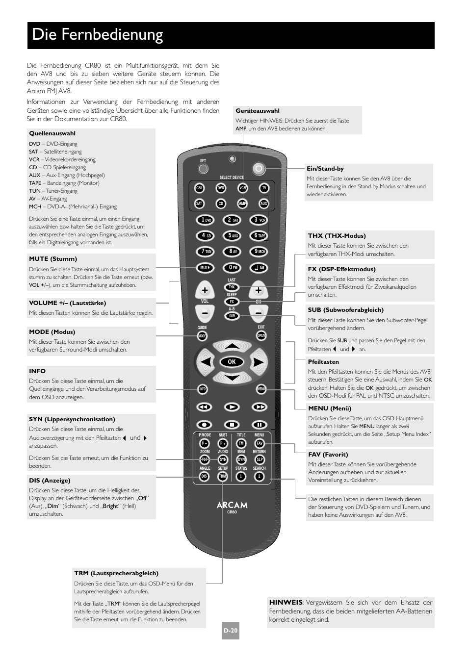 Die fernbedienung, D-20 | Arcam AV8 User Manual | Page 104 / 176