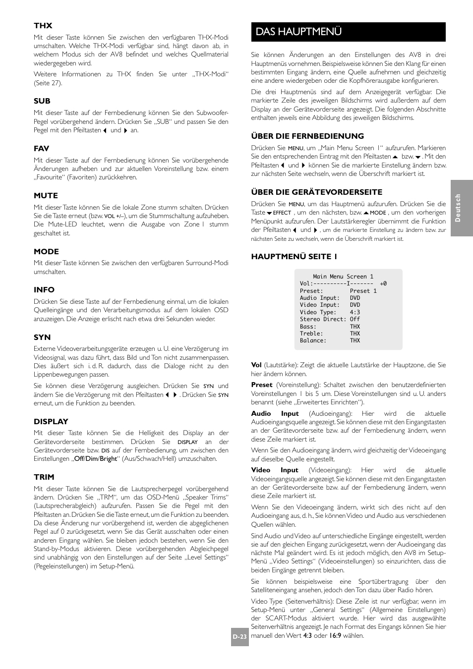 Das hauptmenü, D-23 | Arcam AV8 User Manual | Page 107 / 176