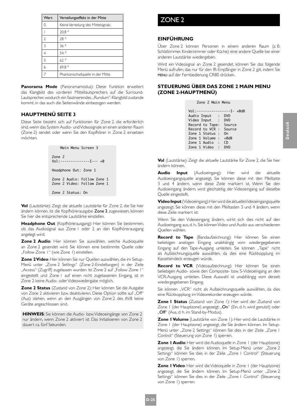 Zone 2, D-25, Hauptmenü seite 3 | Einführung | Arcam AV8 User Manual | Page 109 / 176