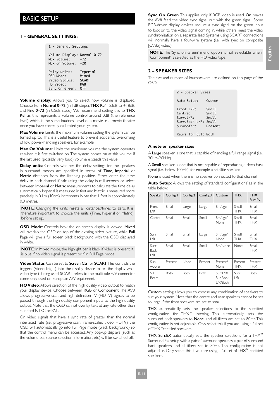 Basic setup, E-11, 1 – general settings | 2 – speaker sizes | Arcam AV8 User Manual | Page 11 / 176