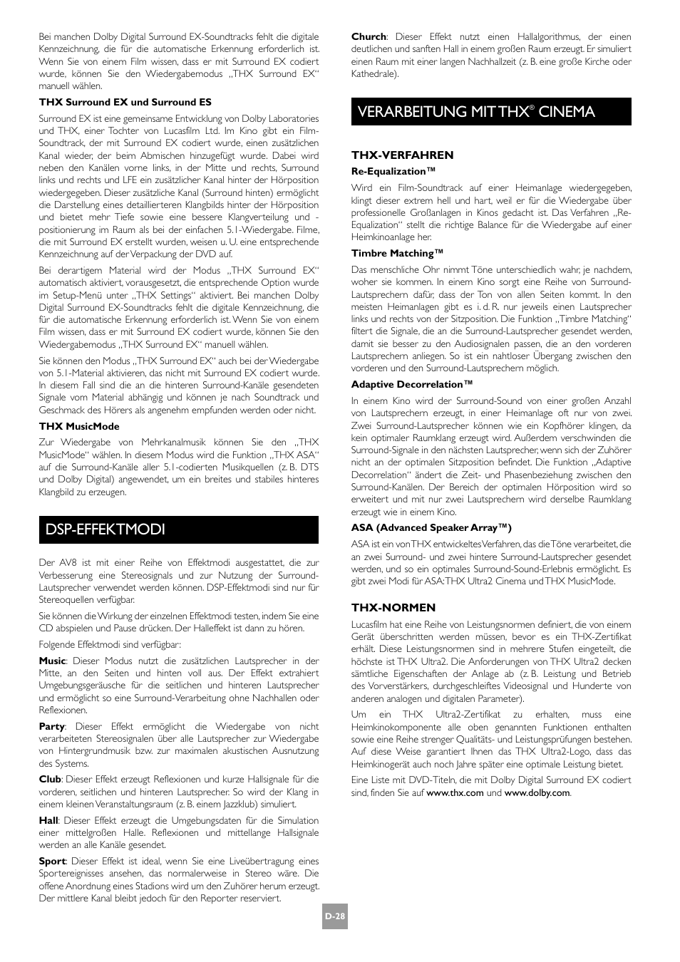 Dsp-effektmodi, Verarbeitung mit thx® cinema, D-28 verarbeitung mit thx® cinema | D-28, Verarbeitung mit thx, Cinema | Arcam AV8 User Manual | Page 112 / 176