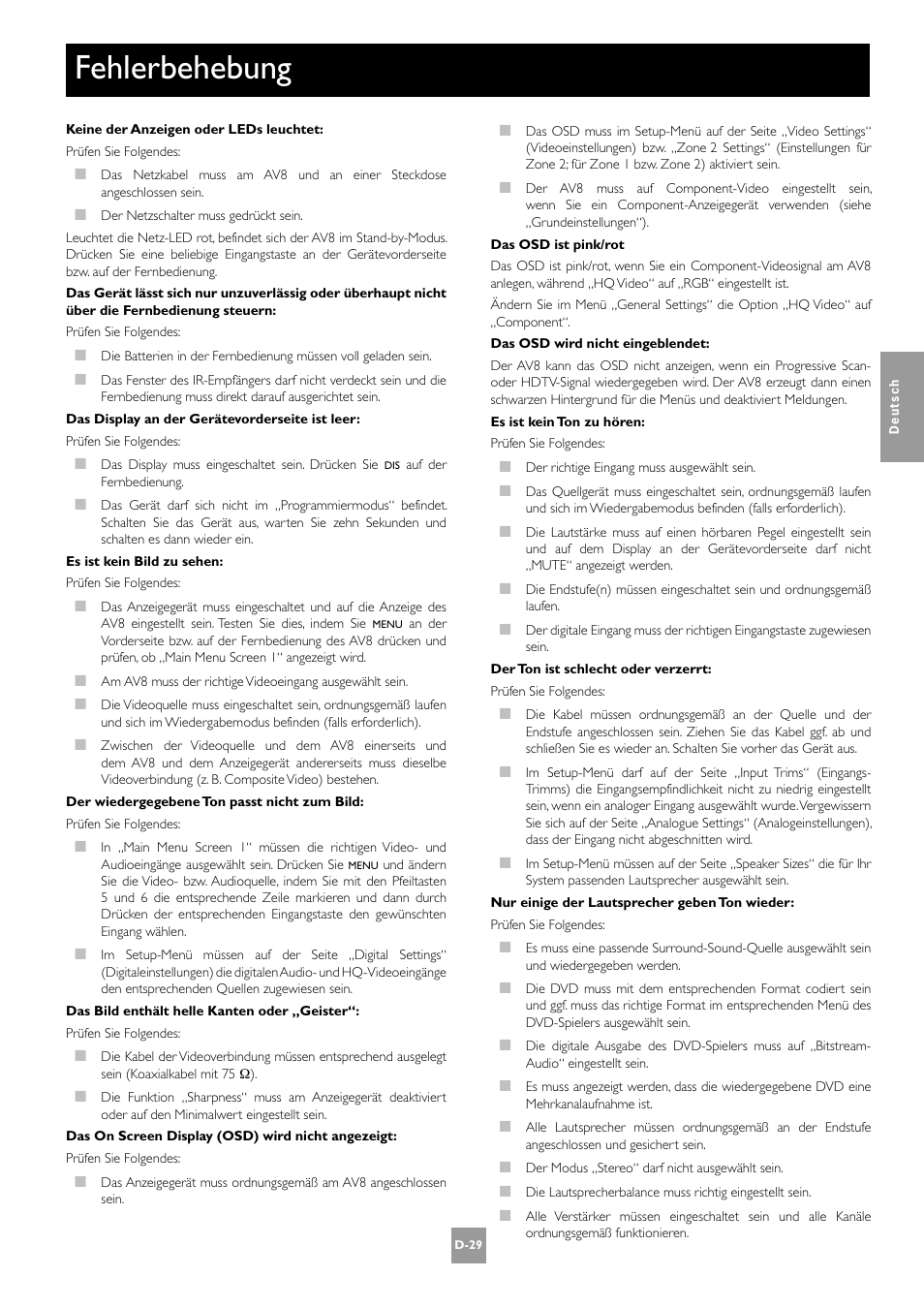 Fehlerbehebung, D-29 | Arcam AV8 User Manual | Page 113 / 176