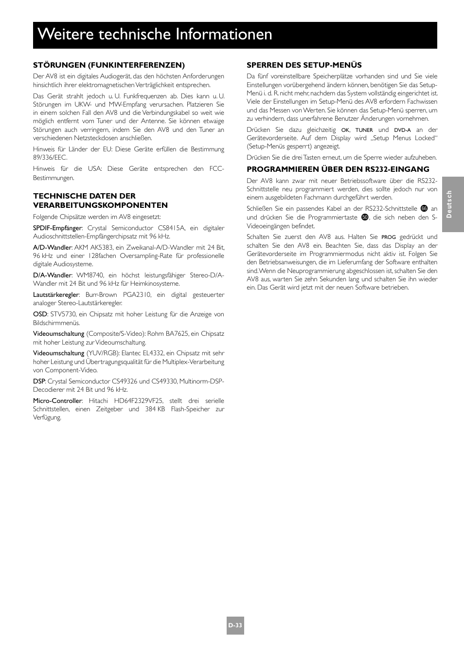 Weitere technische informationen, D-33 | Arcam AV8 User Manual | Page 117 / 176