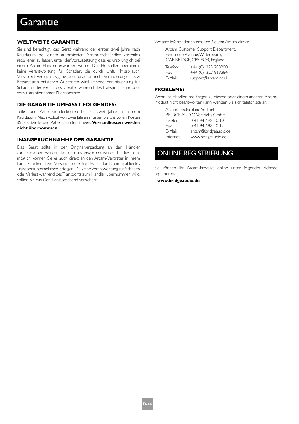 Garantie, Online-registrierung, D-44 | Arcam AV8 User Manual | Page 128 / 176