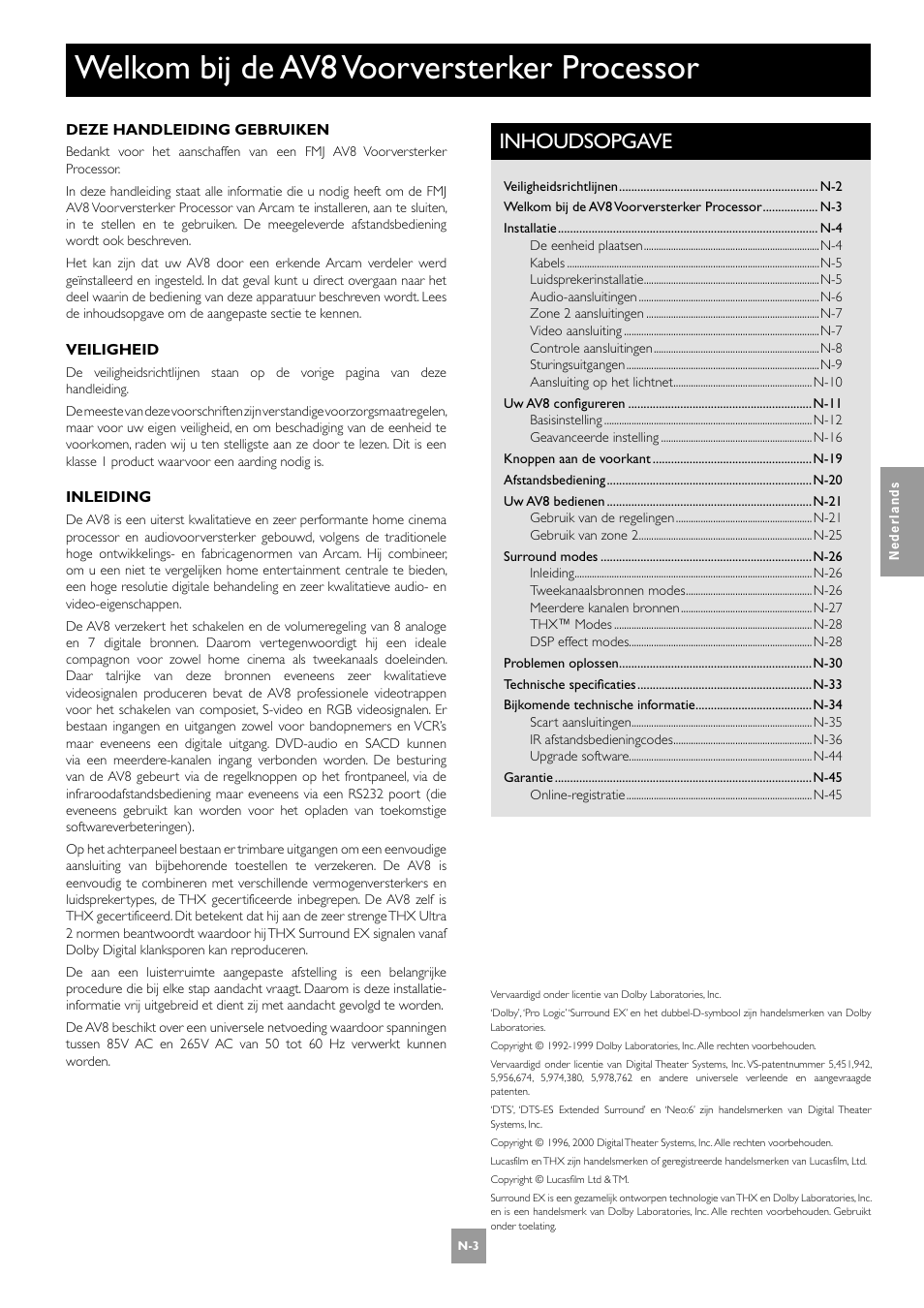 Welkom bij de av8 voorversterker processor, Inhoudsopgave | Arcam AV8 User Manual | Page 131 / 176