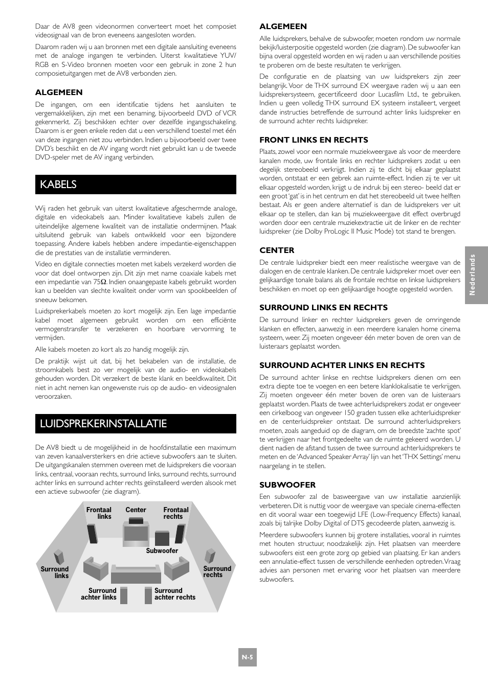 Kabels, Luidsprekerinstallatie, N-5 luidsprekerinstallatie | Arcam AV8 User Manual | Page 133 / 176