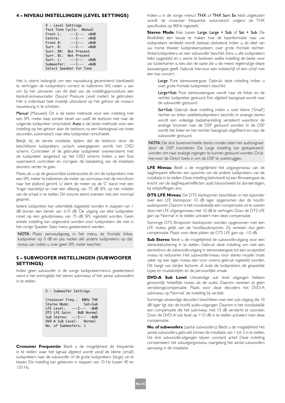 4 – niveau instellingen (level settings), 5 – subwoofer instellingen (subwoofer settings) | Arcam AV8 User Manual | Page 142 / 176