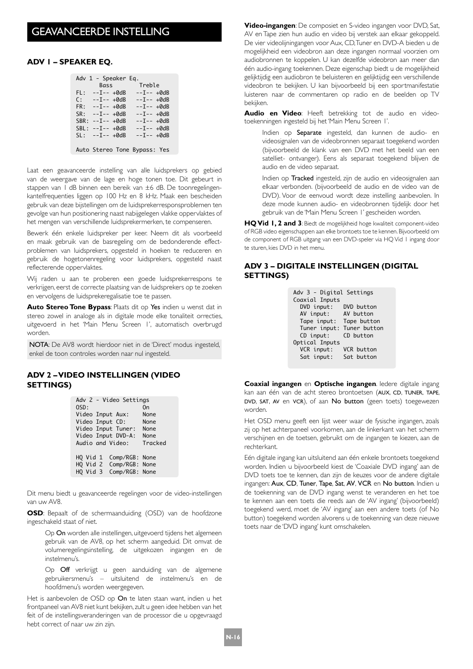 Geavanceerde instelling, N-16 | Arcam AV8 User Manual | Page 144 / 176