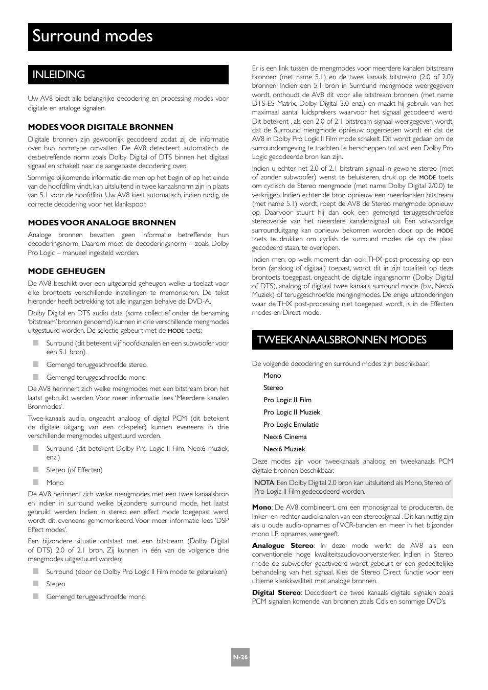 Surround modes, Inleiding, Tweekanaalsbronnen modes | N-26, N-26 tweekanaalsbronnen modes | Arcam AV8 User Manual | Page 154 / 176