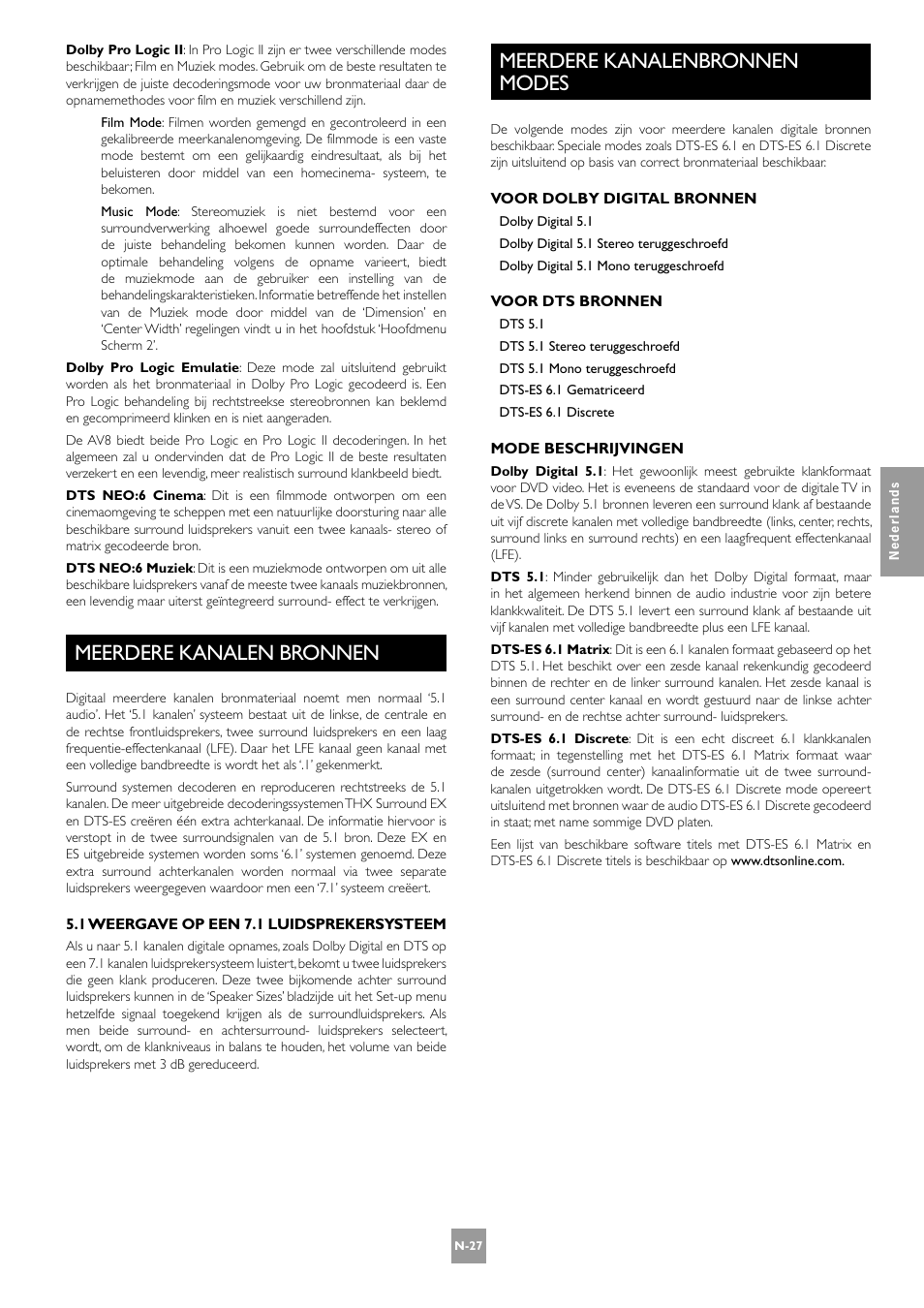 Meerdere kanalen bronnen, N-27, Meerdere kanalenbronnen modes | Arcam AV8 User Manual | Page 155 / 176