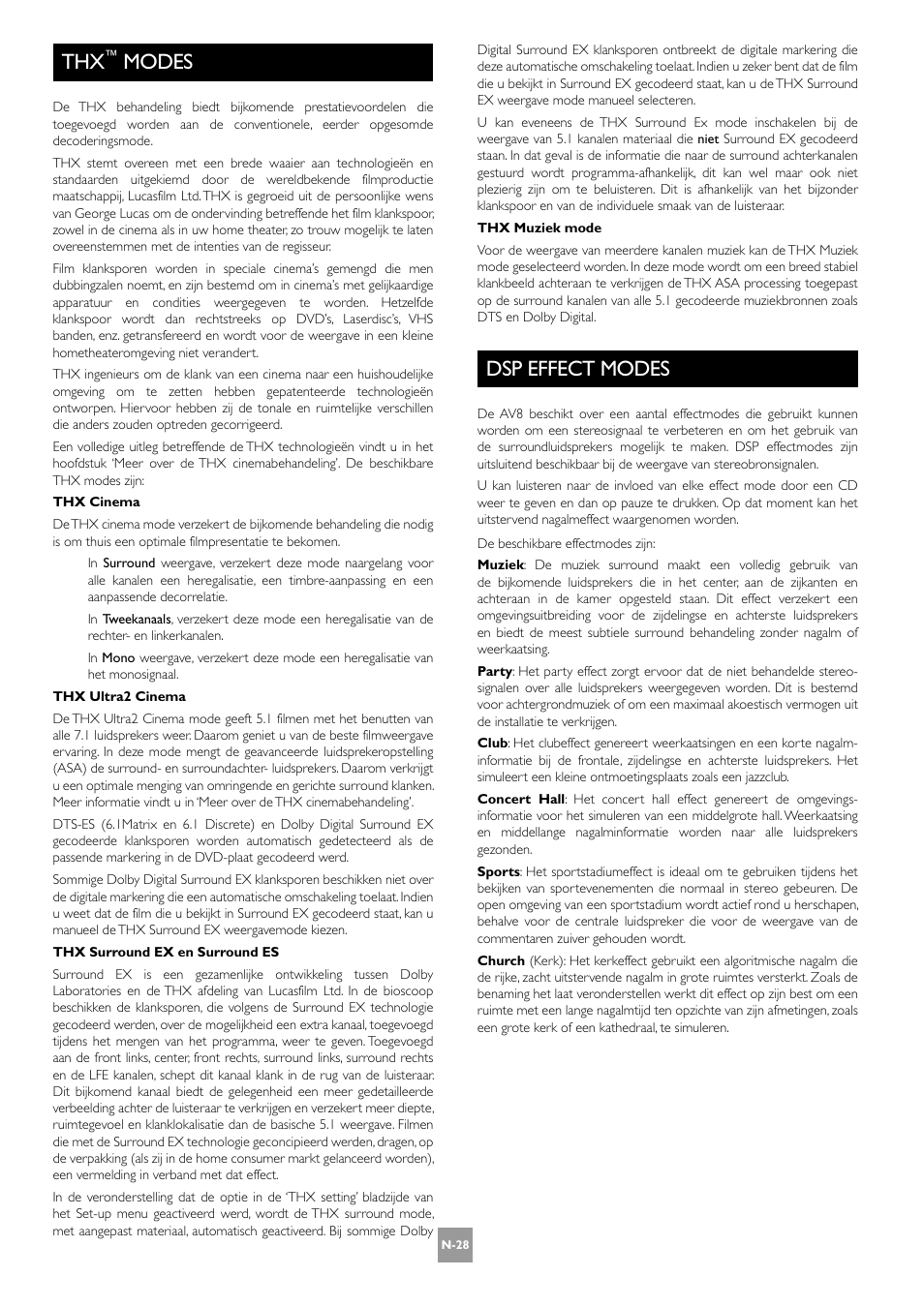 Thx™ modes, Dsp effect modes, N-28 dsp effect modes | N-28, Modes | Arcam AV8 User Manual | Page 156 / 176