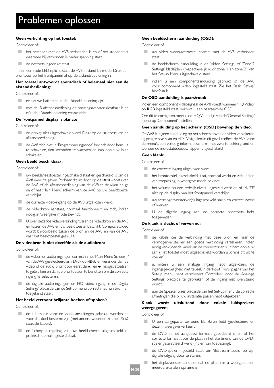 Problemen oplossen, N-30 | Arcam AV8 User Manual | Page 158 / 176