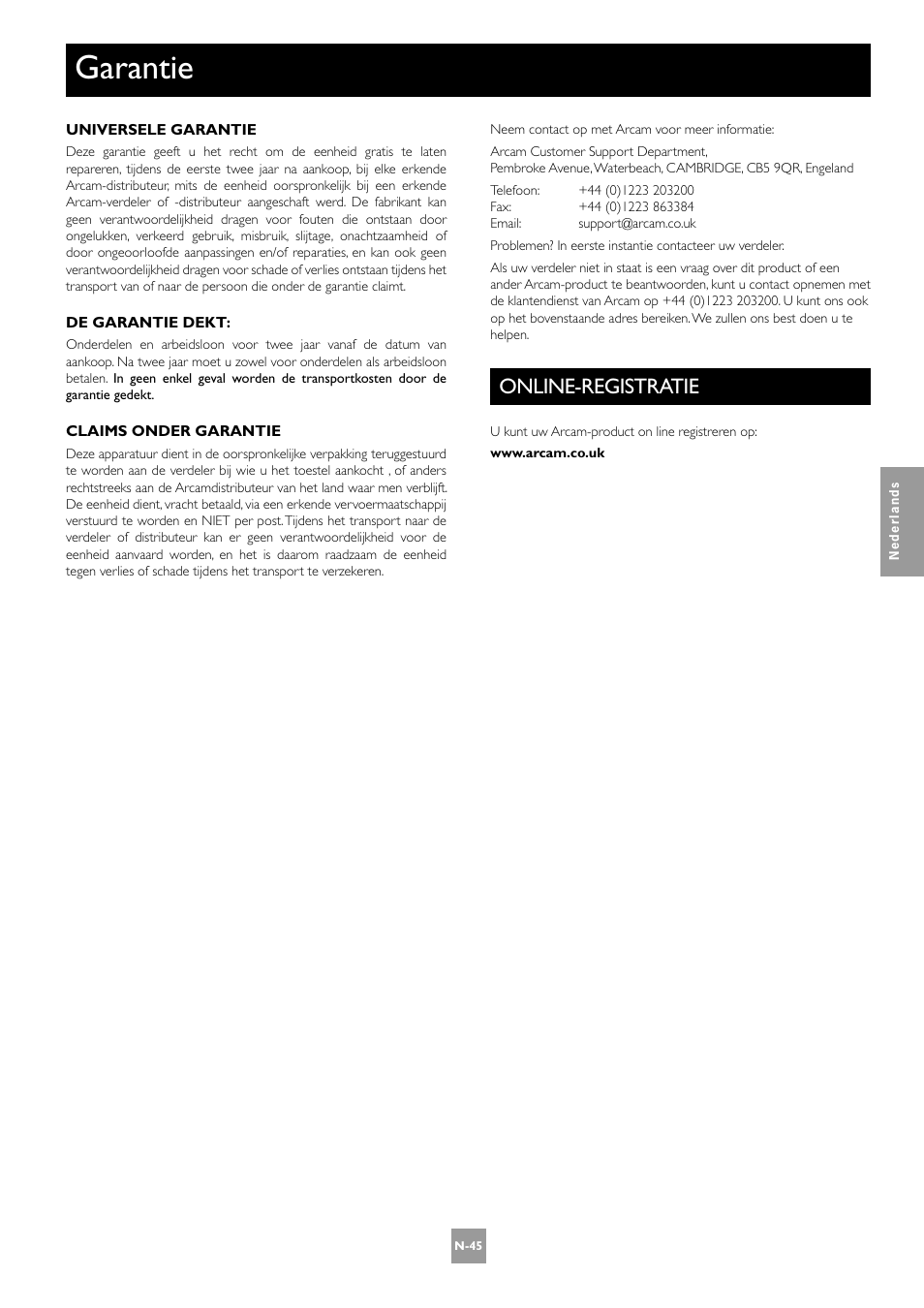 Garantie, Online-registratie, N-45 | Arcam AV8 User Manual | Page 173 / 176