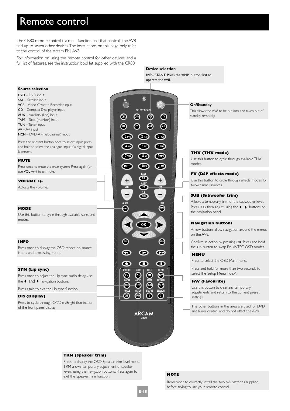 Remote control, E-18 | Arcam AV8 User Manual | Page 18 / 176
