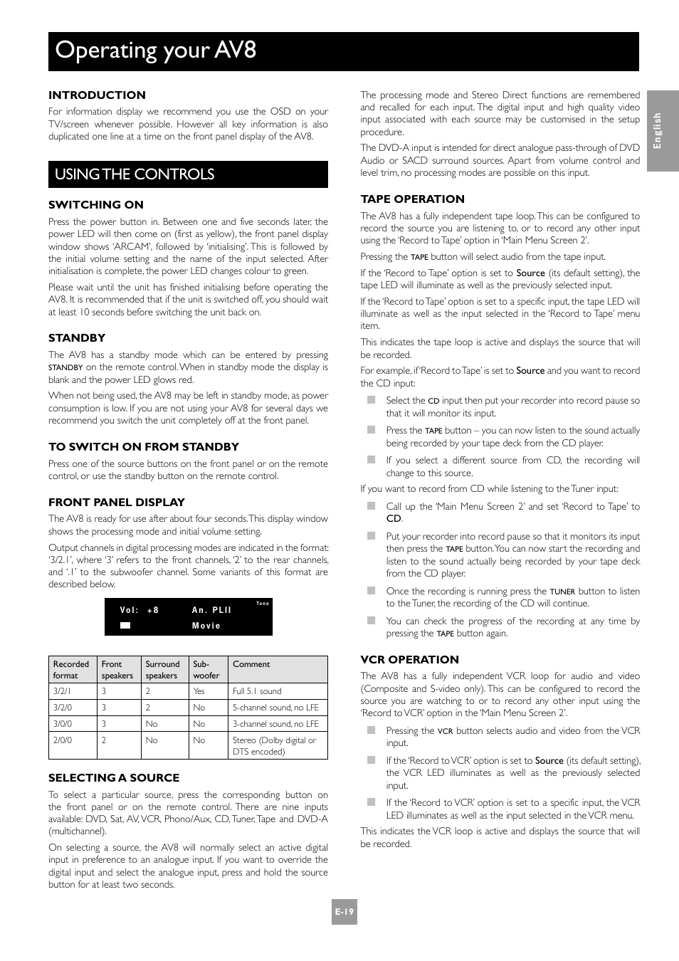 Operating your av8, Using the controls, E-19 | Arcam AV8 User Manual | Page 19 / 176