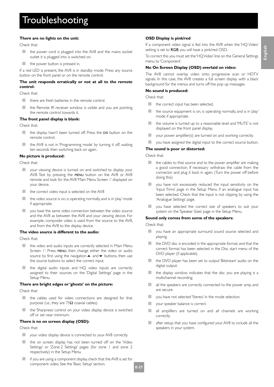 Troubleshooting, E-27 | Arcam AV8 User Manual | Page 27 / 176