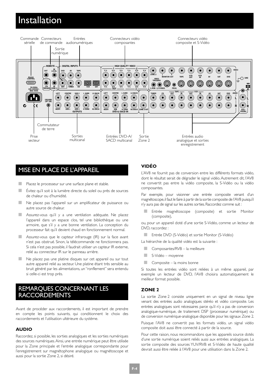 Installation, Mise en place de l’appareil, Remarques concernant les raccordements | Audio, Vidéo, Zone 2, Composantes/rvb – la meilleure, S-vidéo – moyenne | Arcam AV8 User Manual | Page 46 / 176