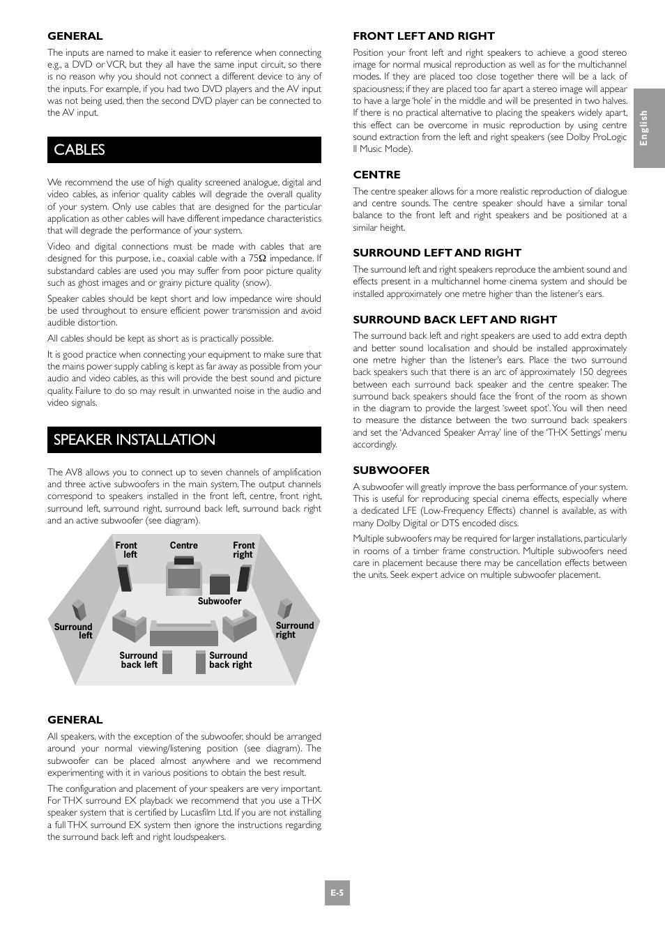 Cables, Speaker installation, E-5 speaker installation | Arcam AV8 User Manual | Page 5 / 176