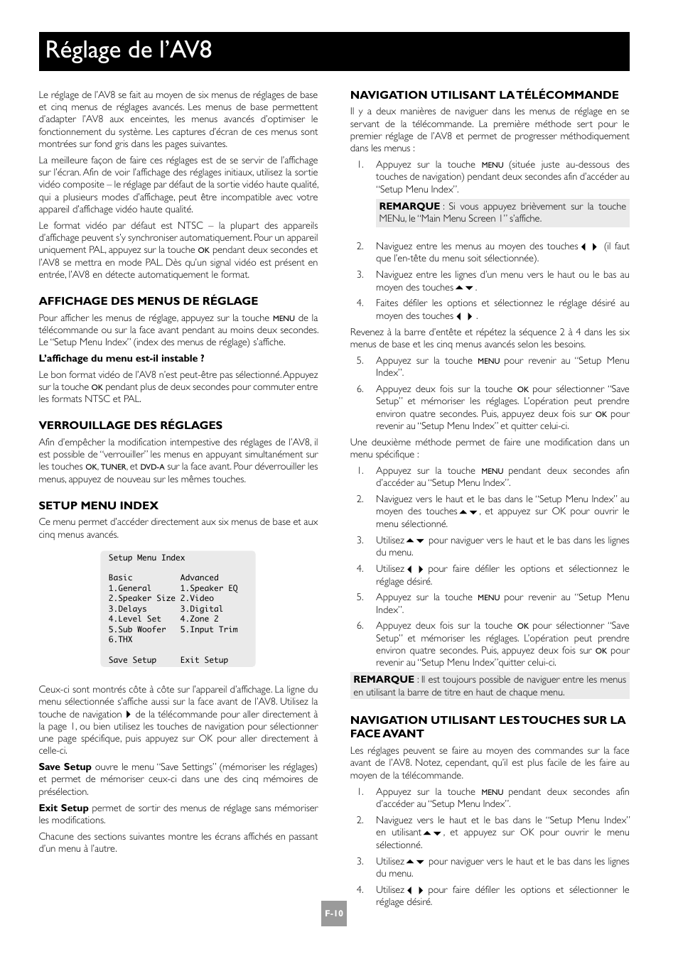 Réglage de l’av8, F-10 | Arcam AV8 User Manual | Page 52 / 176