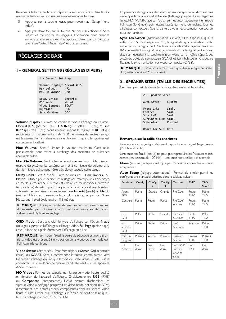 Réglages de base, F-11, 1 – general settings (réglages divers) | 2 – speaker sizes (taille des enceintes) | Arcam AV8 User Manual | Page 53 / 176