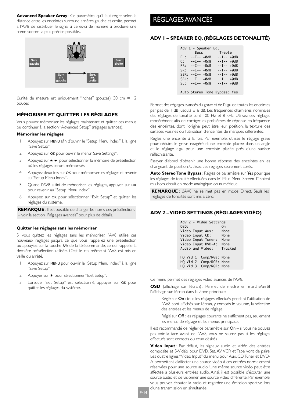 Réglages avancés, F-14 | Arcam AV8 User Manual | Page 56 / 176