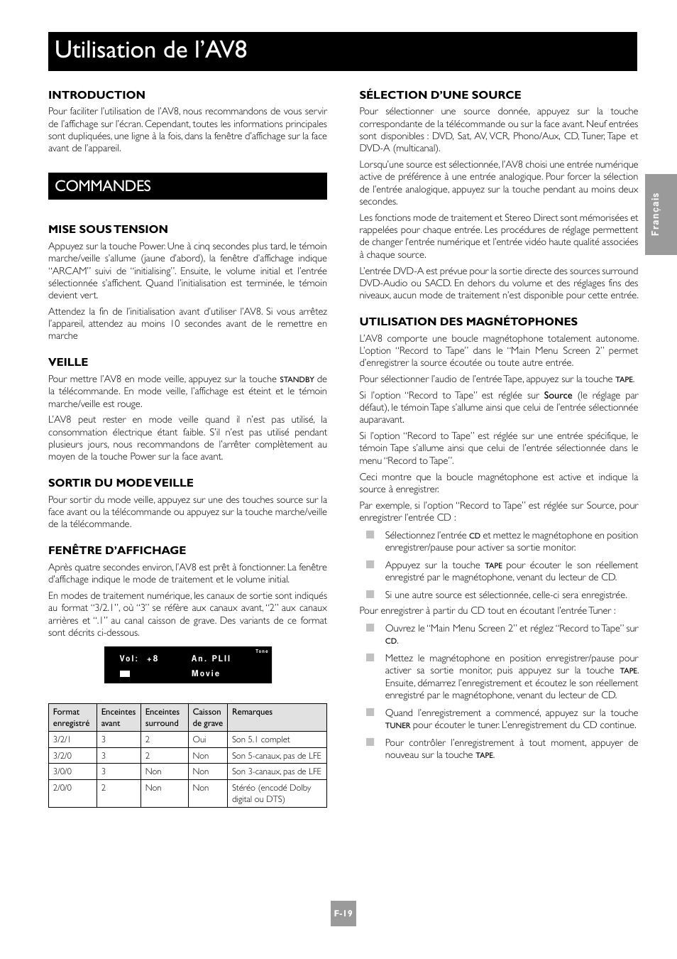 Utilisation de l’av8, Commandes, F-19 | Arcam AV8 User Manual | Page 61 / 176