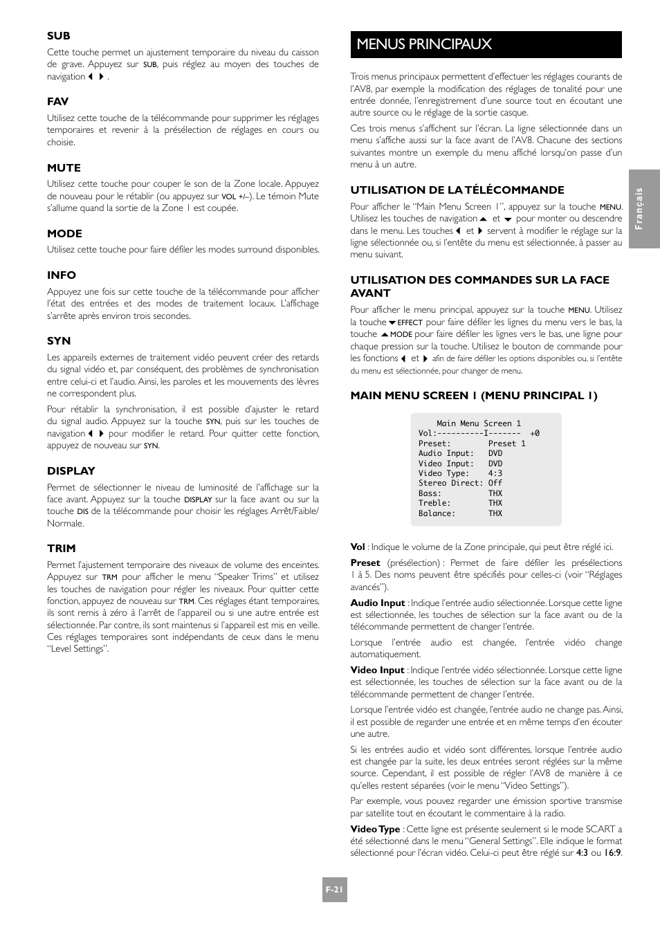 Menus principaux, F-21 | Arcam AV8 User Manual | Page 63 / 176