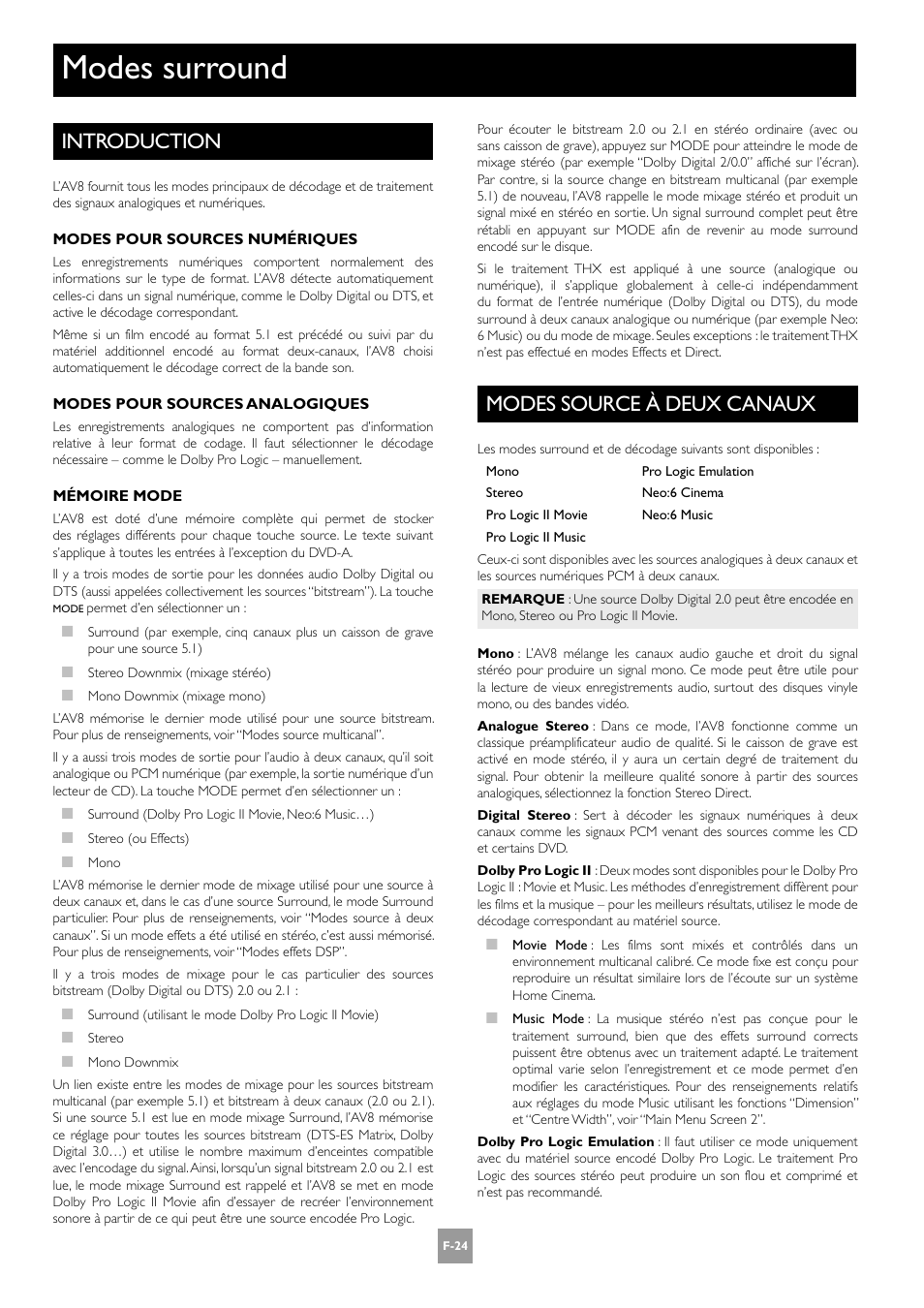 Modes surround, Introduction, Modes source à deux canaux | F-24, F-24 modes source à deux canaux | Arcam AV8 User Manual | Page 66 / 176