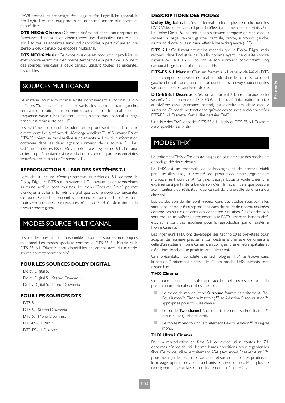 Sources multicanal, Modes source multicanal, Modes thx | F-25 modes source multicanal, F-25 modes thx, F-25 | Arcam AV8 User Manual | Page 67 / 176