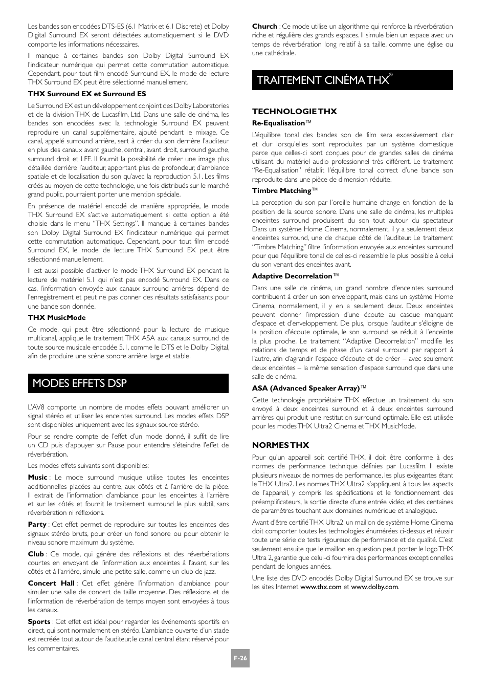 Modes effets dsp, Traitement cinéma thx, F-26 traitement cinéma thx | F-26 | Arcam AV8 User Manual | Page 68 / 176