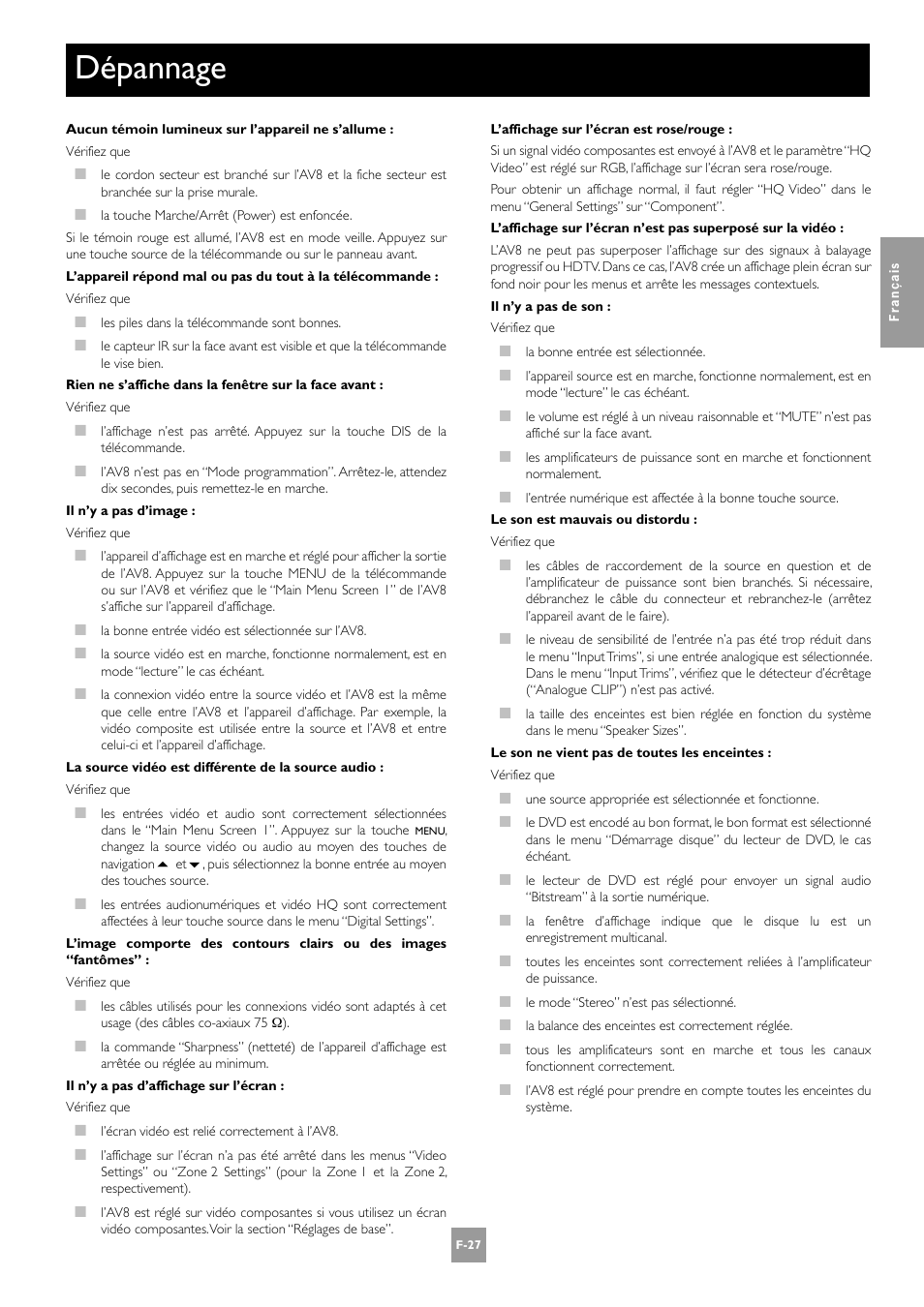 Dépannage, F-27 | Arcam AV8 User Manual | Page 69 / 176